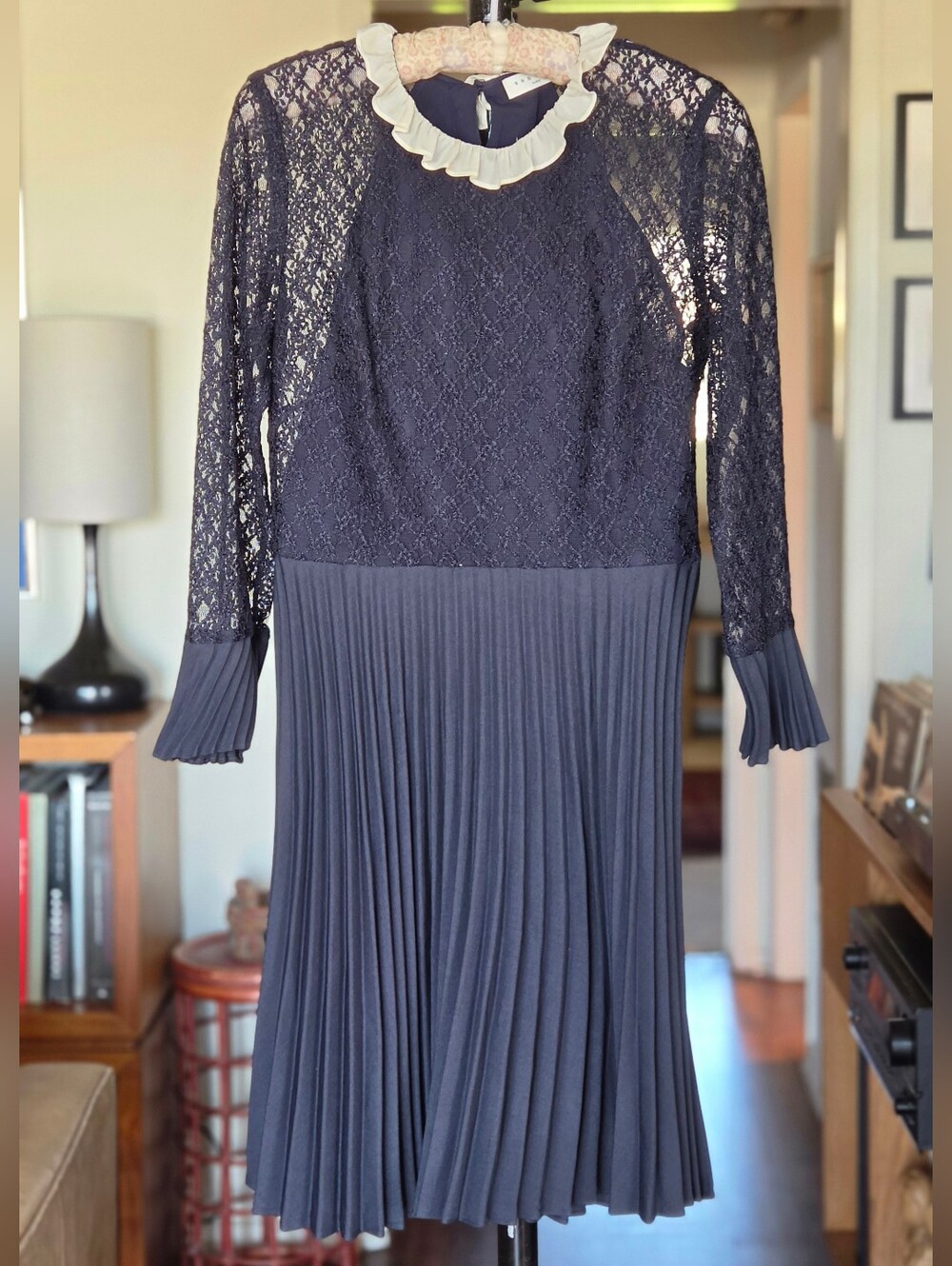 Sandro Paris Navy Lace Long-Sleeve Pleated Midi Dress with Cream Ruffle Collar